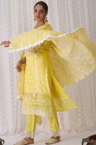 Round Neck Floral Embroidered Pure Cotton Straight Kurta with Trouser & Dupatta