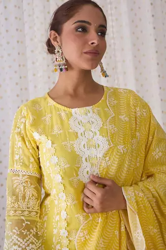 Round Neck Floral Embroidered Pure Cotton Straight Kurta with Trouser & Dupatta