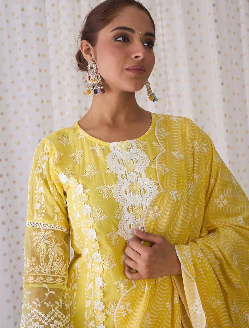 Round Neck Floral Embroidered Pure Cotton Straight Kurta with Trouser & Dupatta