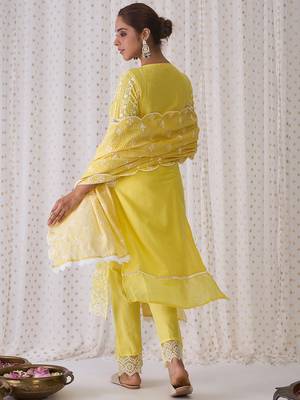 Round Neck Floral Embroidered Pure Cotton Straight Kurta with Trouser & Dupatta 5