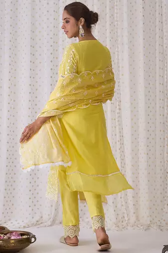 Round Neck Floral Embroidered Pure Cotton Straight Kurta with Trouser & Dupatta