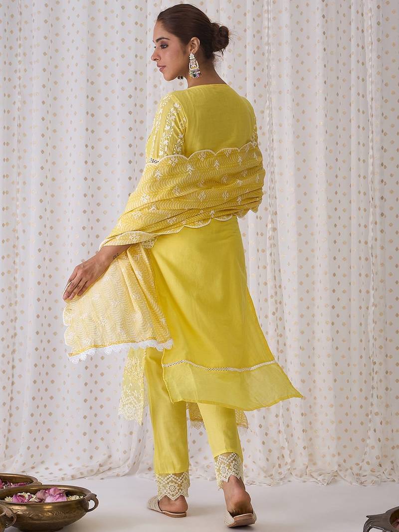 Round Neck Floral Embroidered Pure Cotton Straight Kurta with Trouser & Dupatta