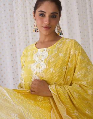 Round Neck Floral Embroidered Pure Cotton Straight Kurta with Trouser & Dupatta 6