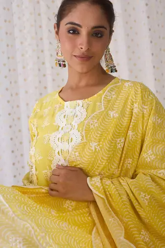 Round Neck Floral Embroidered Pure Cotton Straight Kurta with Trouser & Dupatta