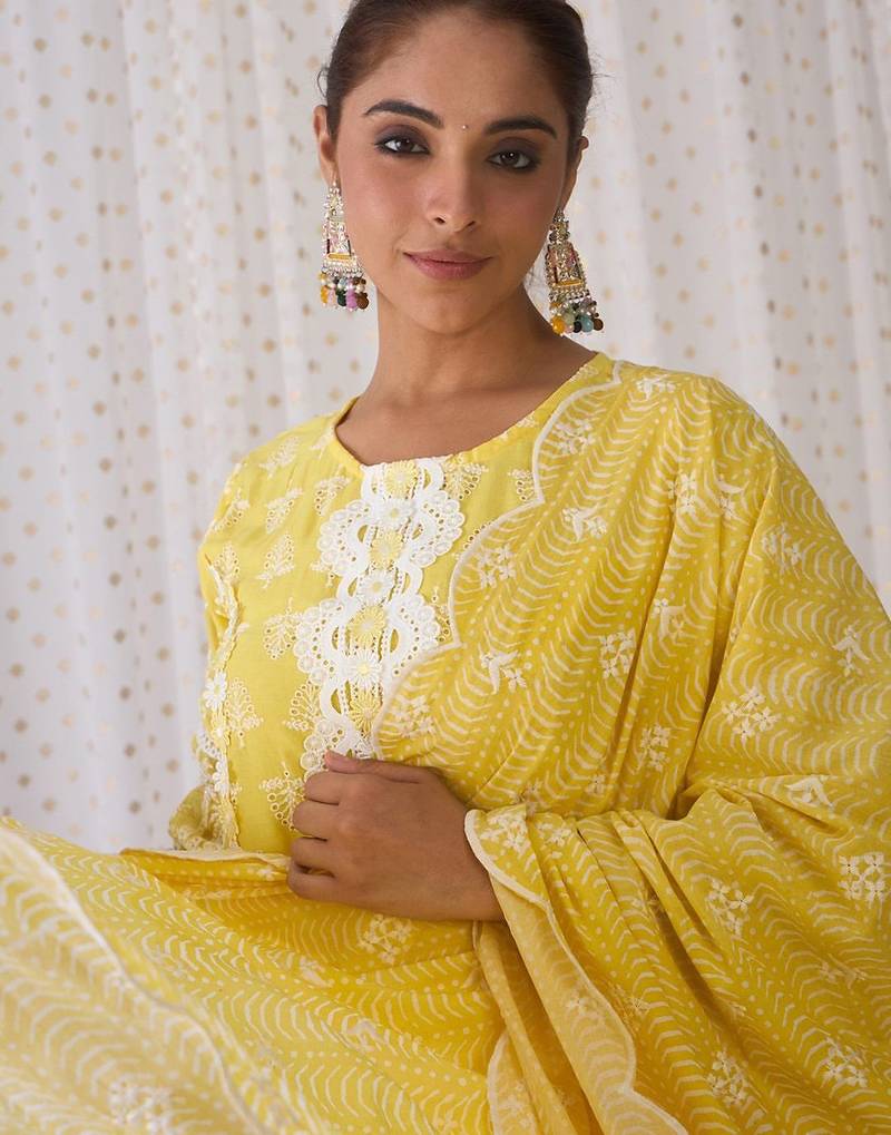 Round Neck Floral Embroidered Pure Cotton Straight Kurta with Trouser & Dupatta