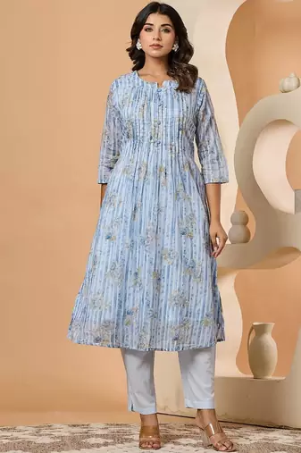 Women Printed Pleated Pure Cotton Kurta with Trousers