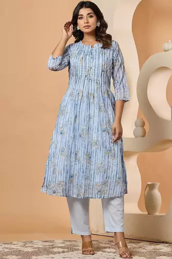 Women Printed Pleated Pure Cotton Kurta with Trousers