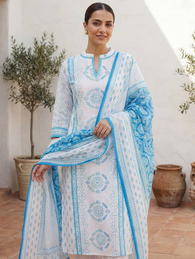 Women Ethnic Motifs Printed Regular Pure Cotton Kurta with Trousers & With Dupatta