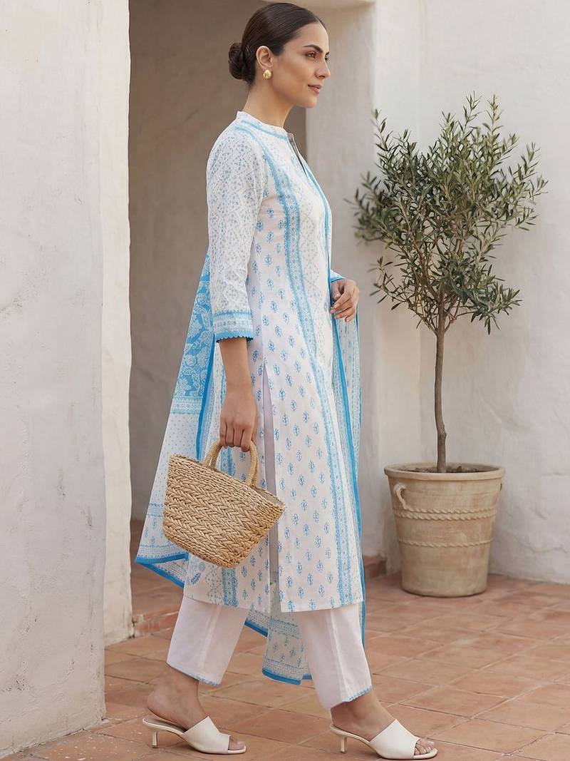 Women Ethnic Motifs Printed Regular Pure Cotton Kurta with Trousers & With Dupatta