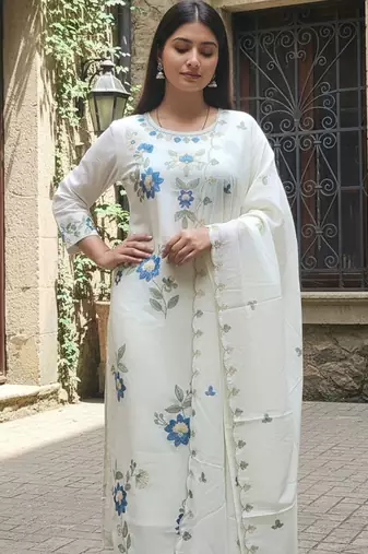 Women Pure Cotton Floral Embroidered Kurta Set With Trousers & Dupatta