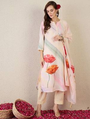 Floral Printed Notch Neck Straight Kurta With Trouser & Dupatta 1