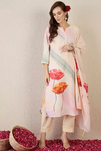 Floral Printed Notch Neck Straight Kurta With Trouser & Dupatta