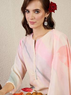 Floral Printed Notch Neck Straight Kurta With Trouser & Dupatta 3