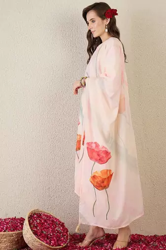 Floral Printed Notch Neck Straight Kurta With Trouser & Dupatta