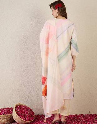 Floral Printed Notch Neck Straight Kurta With Trouser & Dupatta 5