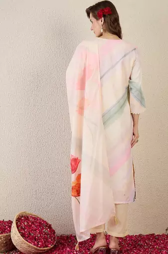 Floral Printed Notch Neck Straight Kurta With Trouser & Dupatta