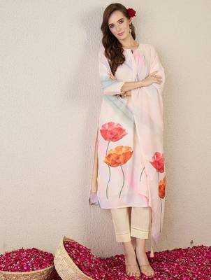 Floral Printed Notch Neck Straight Kurta With Trouser & Dupatta 6