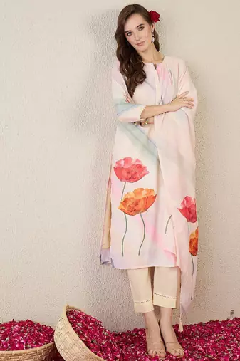Floral Printed Notch Neck Straight Kurta With Trouser & Dupatta