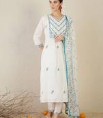 Women Floral Embroidered Cotton Kurta with Trousers & Dupatta