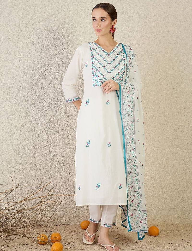 Women Floral Embroidered Cotton Kurta with Trousers & Dupatta