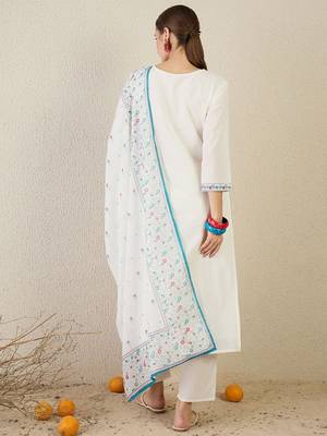 Women Floral Embroidered Cotton Kurta with Trousers & Dupatta 5