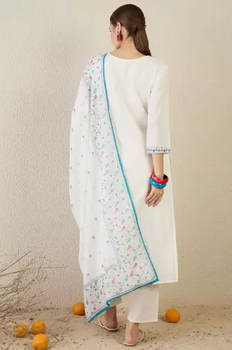 Women Floral Embroidered Cotton Kurta with Trousers & Dupatta