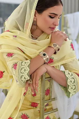 Floral Embroidered V-Neck Pure Cotton Straight Kurta With Trousers & Dupatta