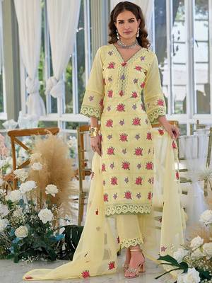 Floral Embroidered V-Neck Pure Cotton Straight Kurta With Trousers & Dupatta 1