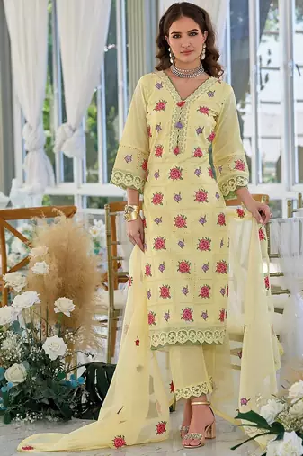 Floral Embroidered V-Neck Pure Cotton Straight Kurta With Trousers & Dupatta
