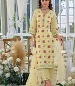 Floral Embroidered V-Neck Pure Cotton Straight Kurta With Trousers & Dupatta