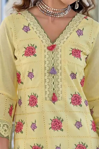 Floral Embroidered V-Neck Pure Cotton Straight Kurta With Trousers & Dupatta