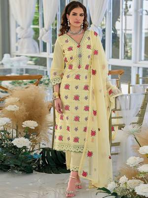 Floral Embroidered V-Neck Pure Cotton Straight Kurta With Trousers & Dupatta 4