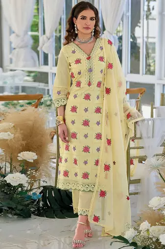 Floral Embroidered V-Neck Pure Cotton Straight Kurta With Trousers & Dupatta