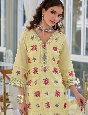 Floral Embroidered V-Neck Pure Cotton Straight Kurta With Trousers & Dupatta 5