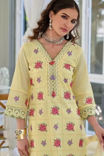 Floral Embroidered V-Neck Pure Cotton Straight Kurta With Trousers & Dupatta