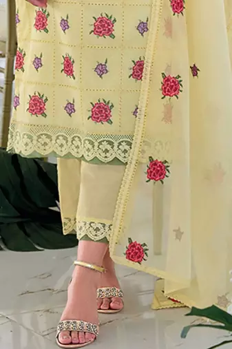 Floral Embroidered V-Neck Pure Cotton Straight Kurta With Trousers & Dupatta