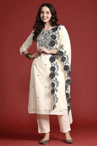 ethnic motifs embroidered thread work  cotton kurta set