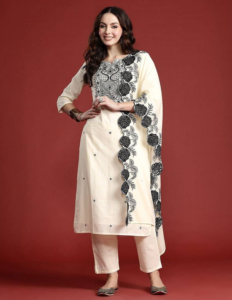 Ethnic Motifs Embroidered Thread Work Pure Cotton Kurta Set