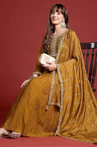 Floral Embroidered Pleated Zari Kurta With Trousers & Dupatta