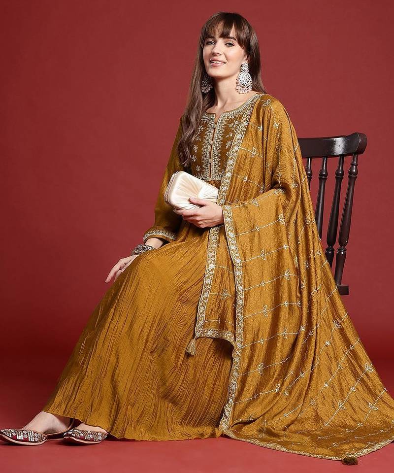 Floral Embroidered Pleated Zari Kurta With Trousers & Dupatta