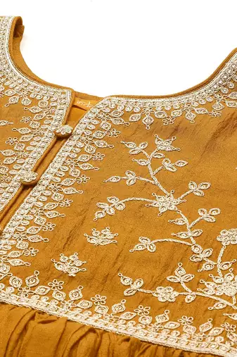 Floral Embroidered Pleated Zari Kurta With Trousers & Dupatta