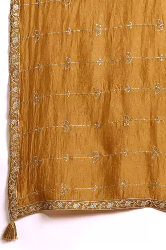 Floral Embroidered Pleated Zari Kurta With Trousers & Dupatta