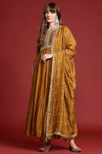 Floral Embroidered Pleated Zari Kurta With Trousers & Dupatta