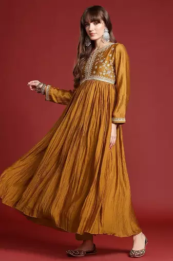Floral Embroidered Pleated Zari Kurta With Trousers & Dupatta