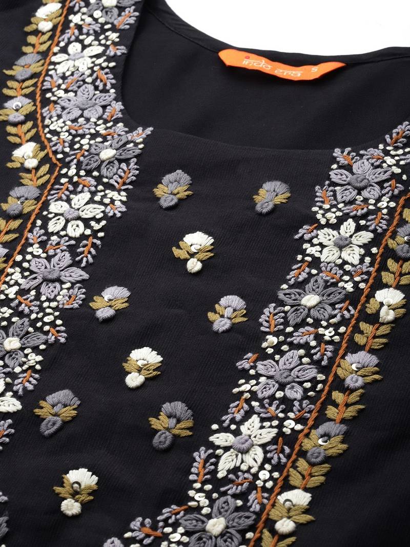 Women Floral Yoke Design Regular Thread Work Kurta with Trousers & With Dupatta