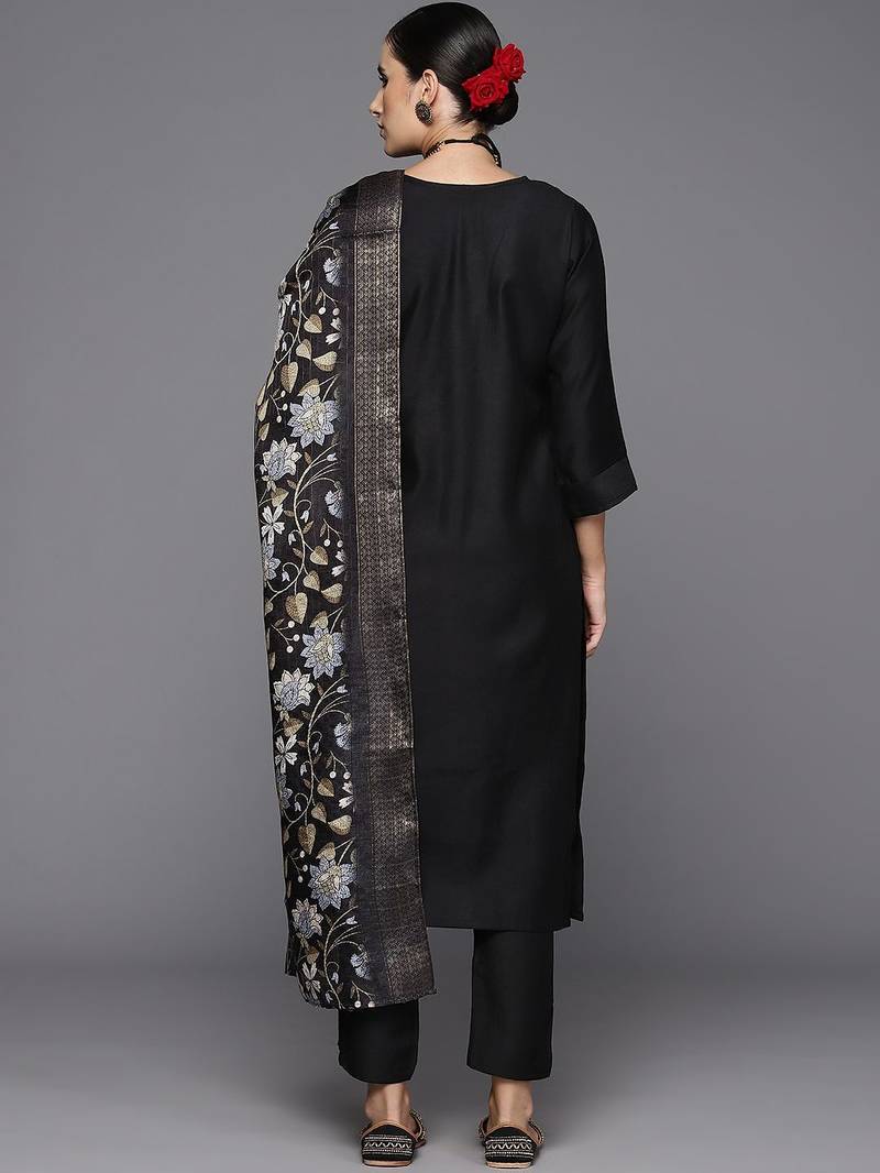 Women Floral Yoke Design Regular Thread Work Kurta with Trousers & With Dupatta