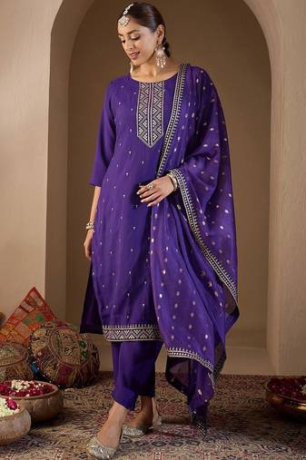 Women Ethnic Motifs Embroidered Regular Sequinned Kurta with Trousers & With Dupatta