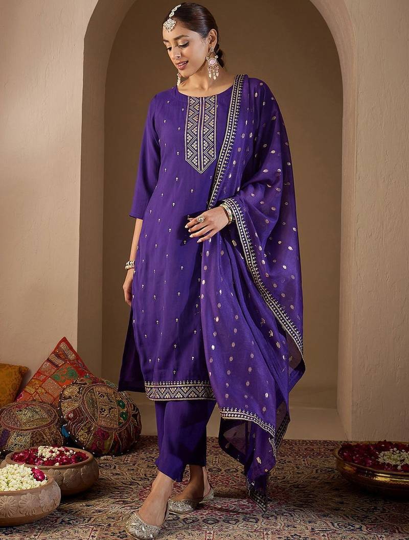 Women Ethnic Motifs Embroidered Regular Sequinned Kurta with Trousers & With Dupatta