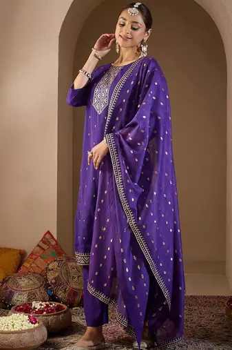Women Ethnic Motifs Embroidered Regular Sequinned Kurta with Trousers & With Dupatta
