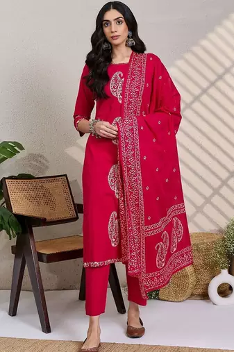 women paisley printed regular  cotton kurta with trousers & with dupatta